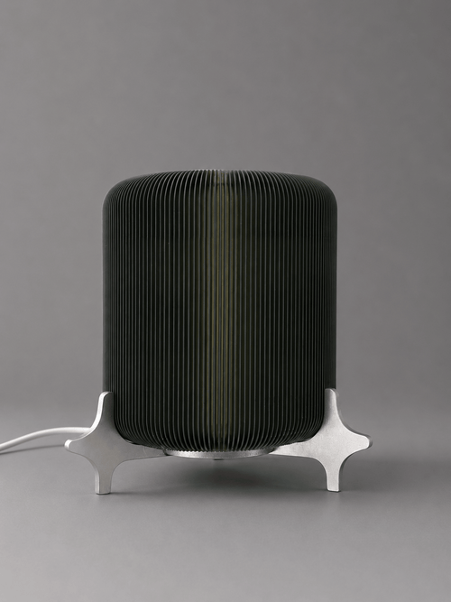 AERO designer table lamp by Natalia Design Co. featuring a ribbed translucent PETG diffuser and sculptural satin aluminium base in a minimalist industrial design.