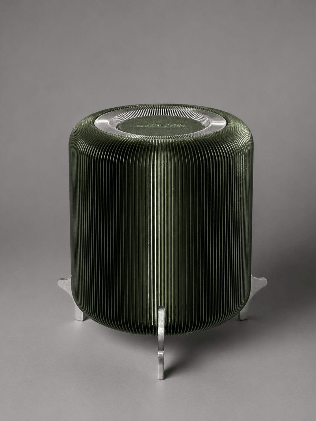 AERO olive green ribbed designer table lamp by Natalia Design Co. featuring a translucent PETG diffuser, precision ribbed geometry and sculptural satin aluminium feet.