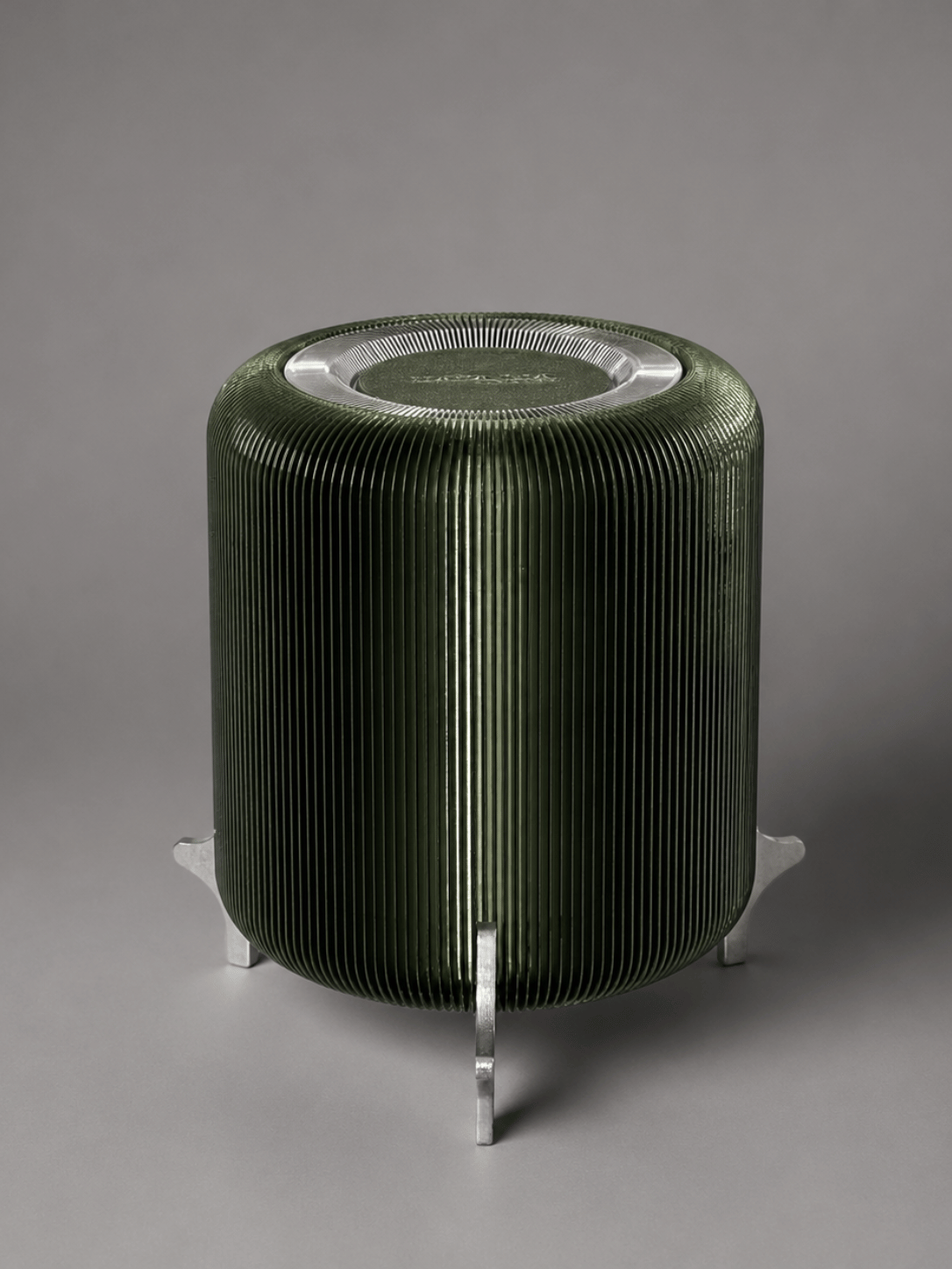 AERO olive green ribbed designer table lamp by Natalia Design Co. featuring a translucent PETG diffuser, precision ribbed geometry and sculptural satin aluminium feet.