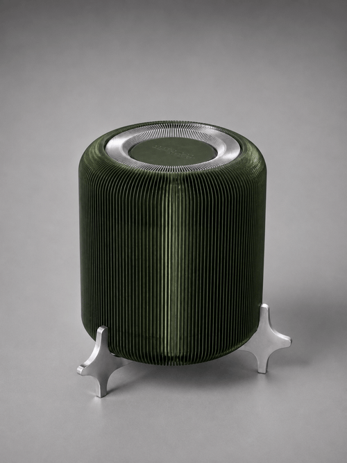 AERO ribbed olive green designer table lamp by Natalia Design Co. shown from above, featuring a translucent PETG diffuser and sculptural satin aluminium feet in an industrial contemporary design.