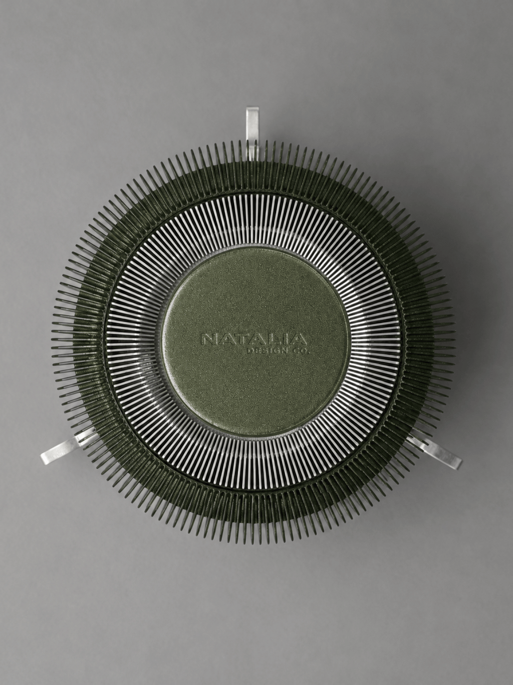 AERO top view showing the radial ribbed translucent PETG diffuser, central aluminium detail and sculptural structure of the designer table lamp by Natalia Design Co.