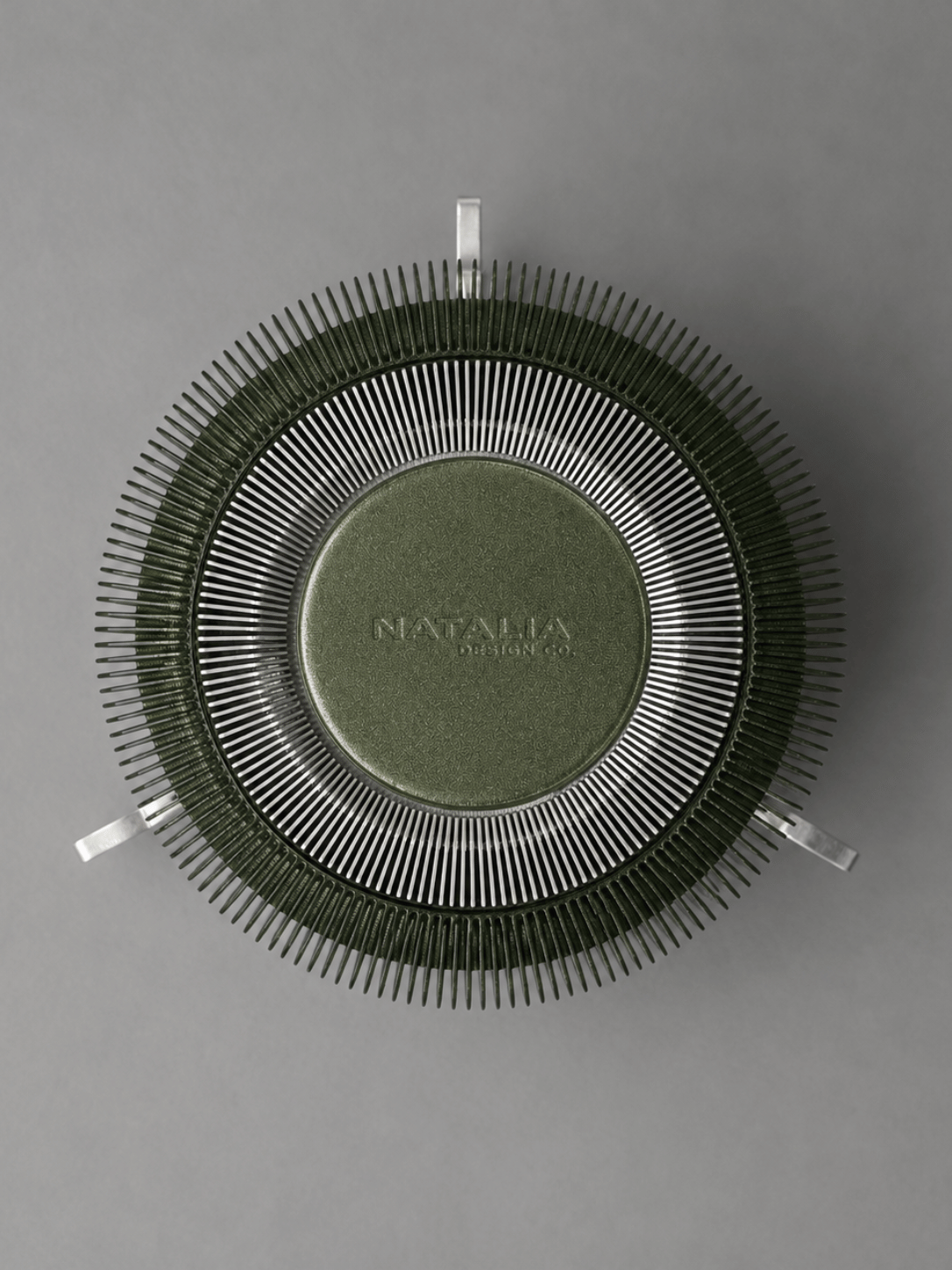 AERO top view showing the radial ribbed translucent PETG diffuser, central aluminium detail and sculptural structure of the designer table lamp by Natalia Design Co.
