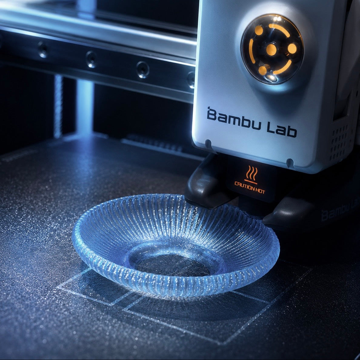 Blue translucent PETG object being precision 3D printed on a Bambu Lab printer, showcasing additive manufacturing and material development for contemporary industrial design.