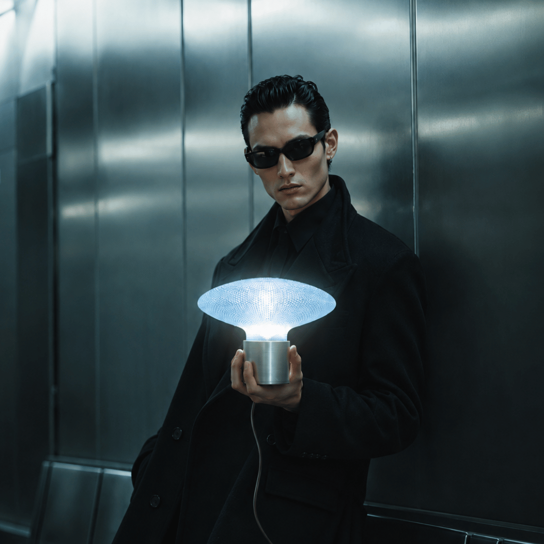 AERO futuristic designer table lamp held by a model in a dark architectural interior with brushed metal surroundings, showcasing translucent lighting and industrial design.