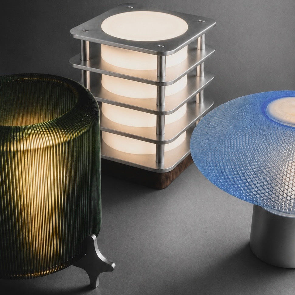 Natalia Design Co. collection featuring AERO, SRN Light Module and COSMOS contemporary designer lamps with translucent materials, aluminium structures and sculptural industrial forms.
